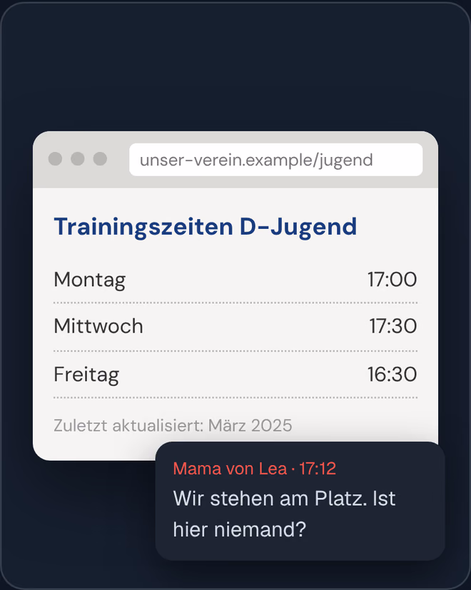 Trainingszeiten der D-Jugend auf der Vereinsseite, zuletzt aktualisiert im März 2025, daneben eine Nachricht: Wir stehen am Platz. Ist hier niemand?