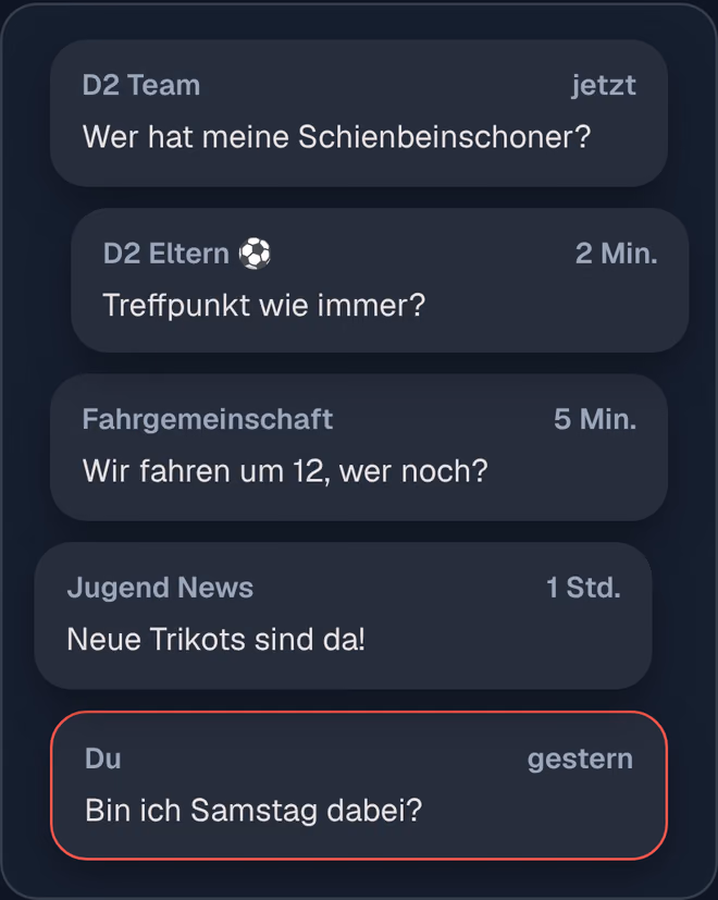Fünf Benachrichtigungen aus fünf Chats, ganz unten die eigene Frage von gestern: Bin ich Samstag dabei?