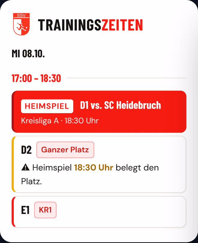 Trainingszeiten am Mittwoch: Das Heimspiel der D1 um 18:30 Uhr belegt den ganzen Platz, die D2 bekommt einen Warnhinweis.