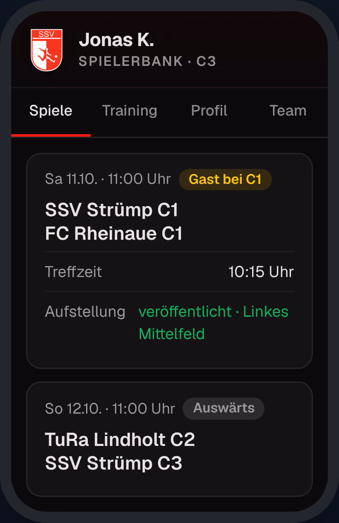 Spielerseite von Jonas, C3: am Samstag Gast bei der C1, Treffzeit 10:15 Uhr, Aufstellung veröffentlicht, linkes Mittelfeld.