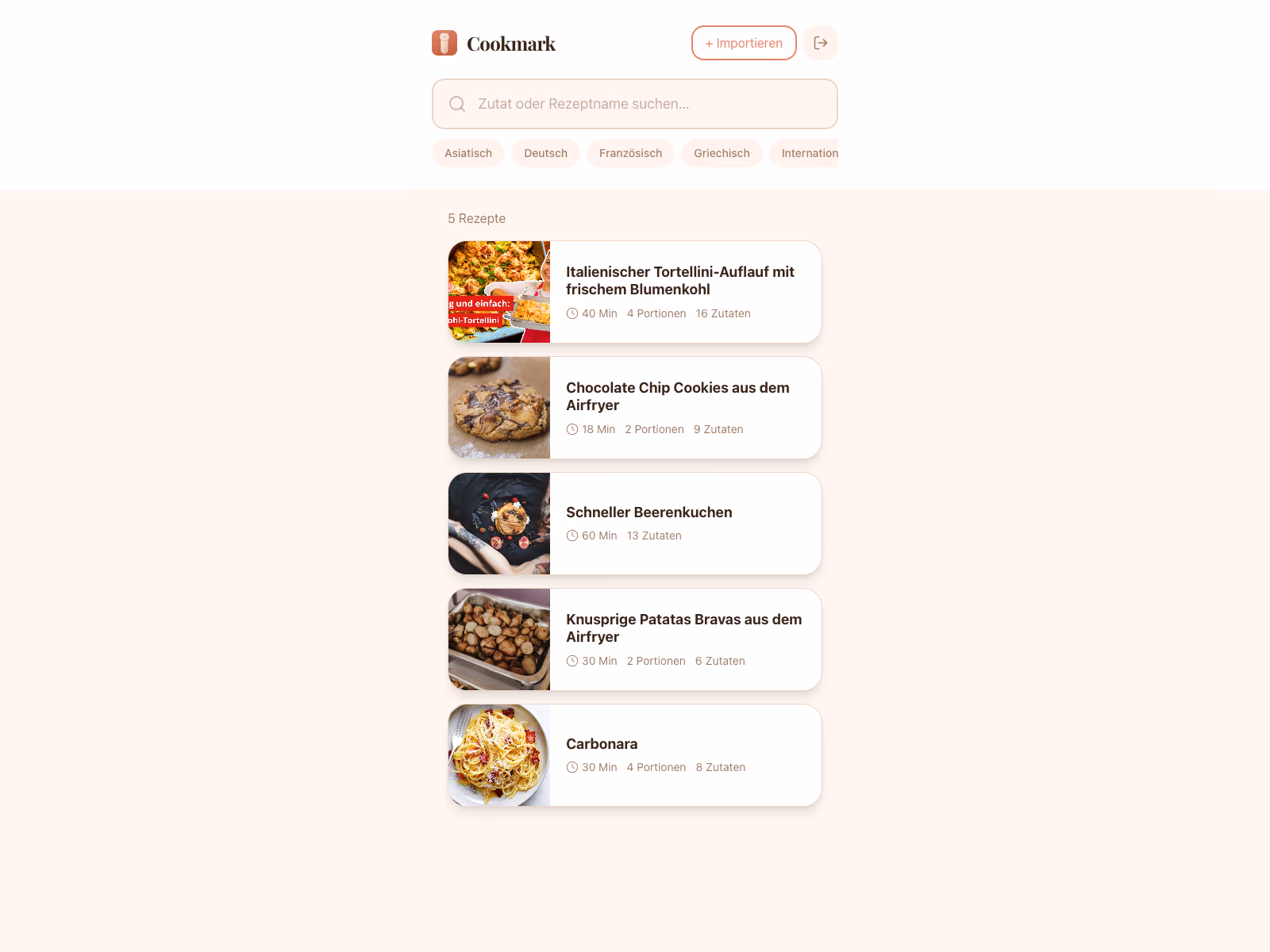 Cookmark — eingeloggte Rezept-Liste mit Tortellini-Auflauf, Cookies, Beerenkuchen, Patatas Bravas und Carbonara.