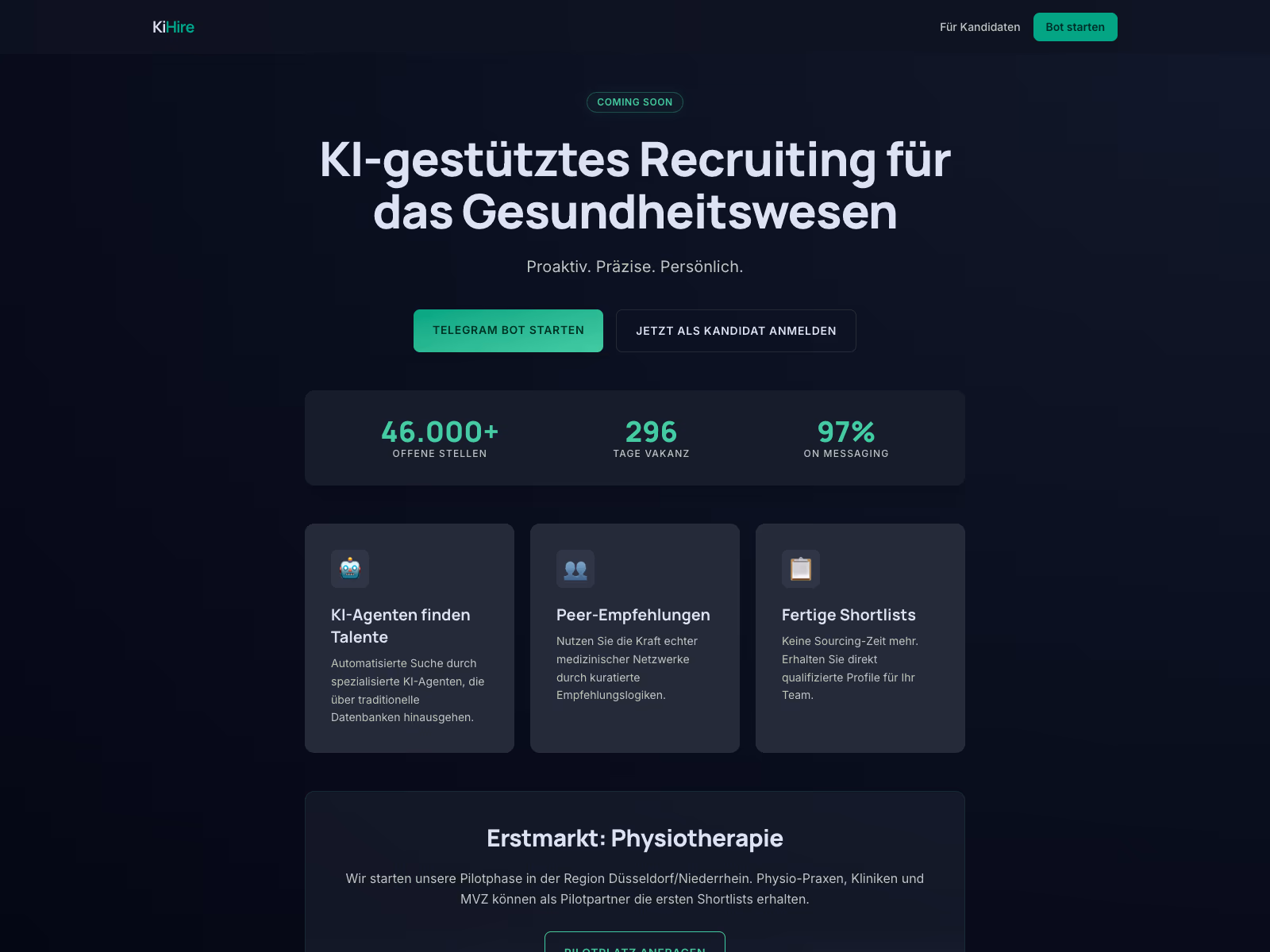 KiHire — Landing-Page mit Headline „KI-gestütztes Recruiting für das Gesundheitswesen“, KPI-Trinity (46.000+ offene Stellen, 296 Tage Vakanz, 97% im Messaging) und Erstmarkt-Statement Physiotherapie.
