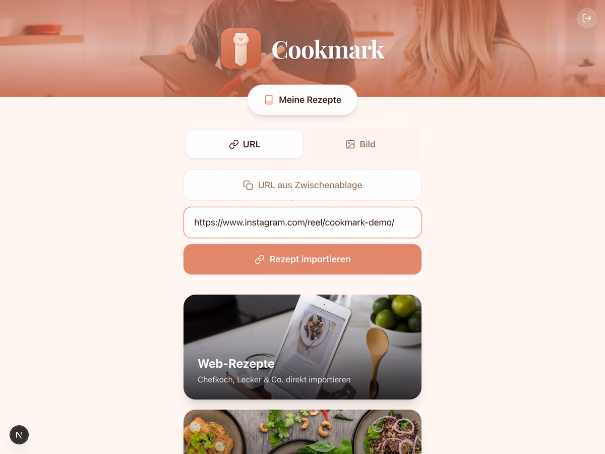 Cookmark — gefülltes URL-Feld, aktiver Import-Button.