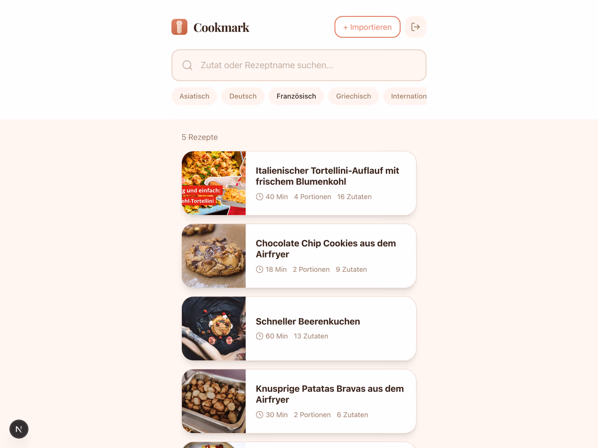 Cookmark — Rezept-Liste mit fertig importierten Karten.