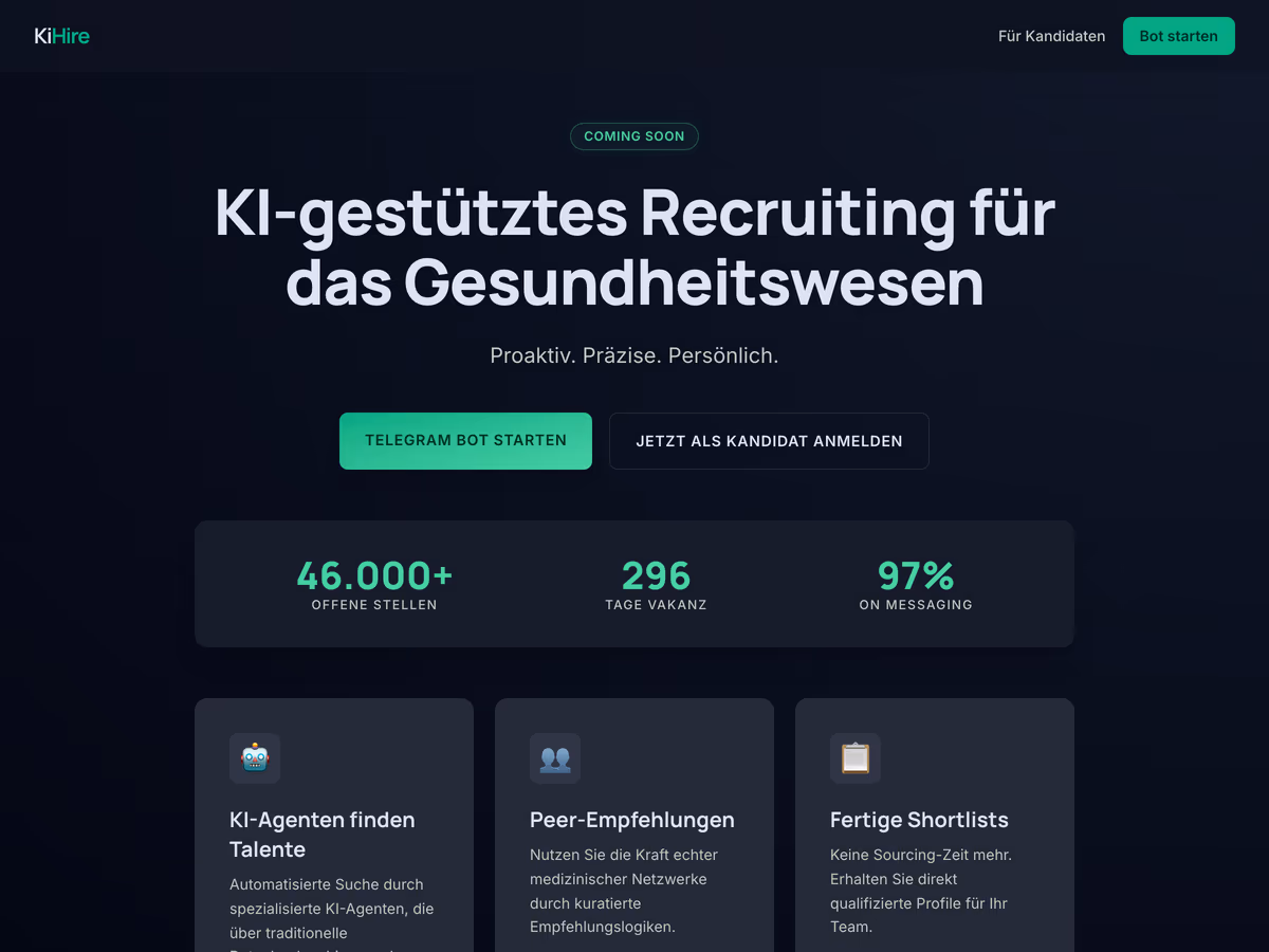 KiHire Landing — Hero mit Job-Eingabe.